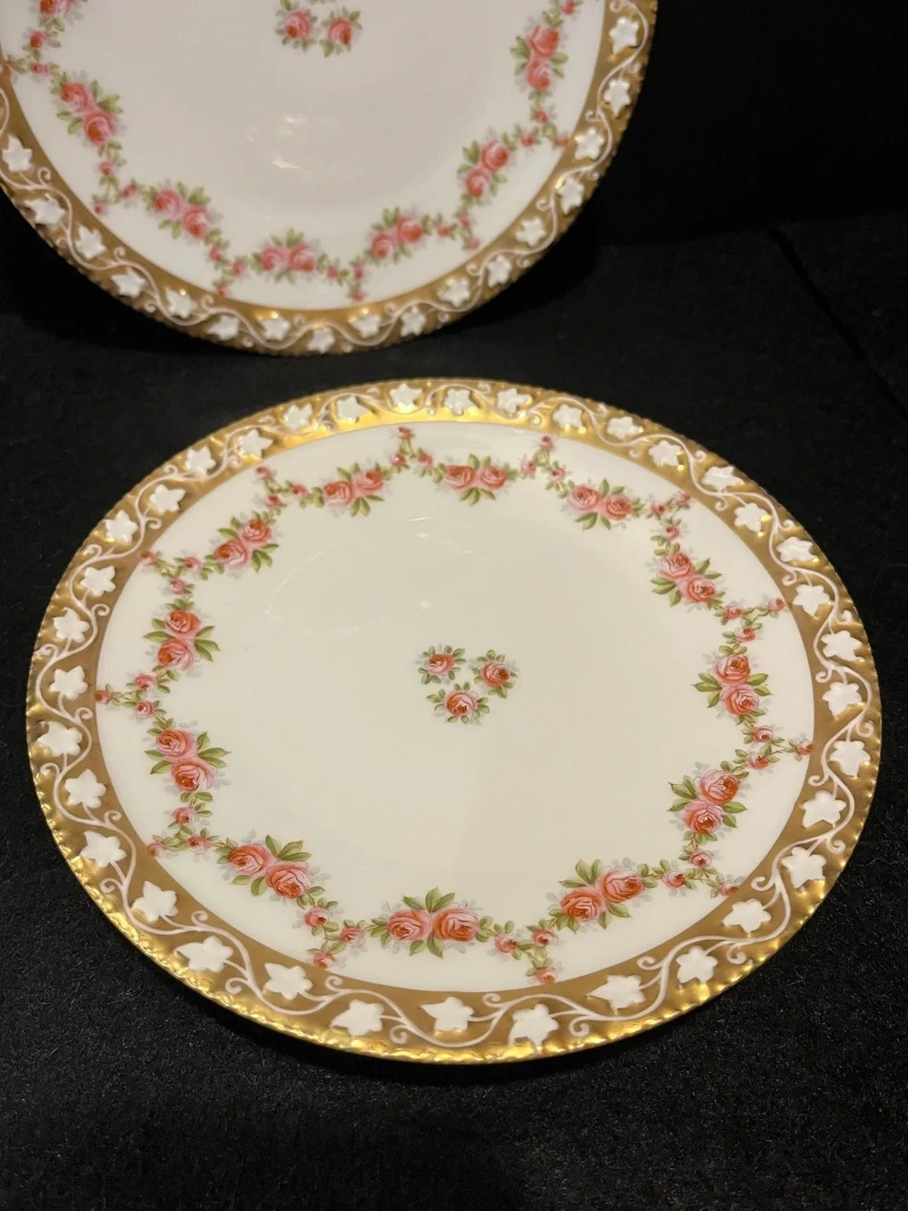 VTG T & V France Elegant Dainty Rose-Patterned Gold Rim 7” Plates White and Pink